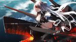  aircraft_carrier_hime bad_id bad_pixiv_id breasts cleavage gauntlets highres kantai_collection large_breasts long_hair looking_at_viewer machinery red_eyes shinkaisei-kan silver_hair solo swd3e2 torn_clothes translated white_skin 