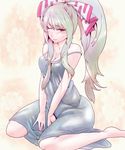 alternate_costume alternate_hairstyle bare_shoulders breast_press breasts camisole fujiwara_no_mokou hands_on_legs long_hair looking_at_viewer medium_breasts one_eye_closed ponytail red_eyes sitting solo somsom strap_slip touhou wariza white_hair 