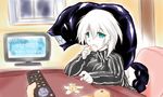  alternate_costume aqua_eyes blush controller food fruit kantai_collection karakure_(kamo-nanban) kotatsu mandarin_orange open_mouth pale_skin re-class_battleship remote_control shinkaisei-kan short_hair sitting table tail television white_hair window 