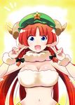  :d animal_costume blue_eyes blush breasts cleavage commentary_request hong_meiling horns kiku_hitomoji large_breasts long_hair looking_at_viewer navel open_mouth red_hair sheep_costume sheep_horns smile solo touhou 