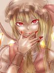  ascot blonde_hair blouse bow flandre_scarlet hand_to_own_mouth hat hat_bow licking_lips long_hair looking_at_viewer mob_cap red_eyes side_ponytail sketch solo somsom tongue tongue_out touhou upper_body vest wings wrist_cuffs 