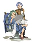  2boys bes_jordan blue_eyes blue_hair chair densetsu_kuojin_ideon densetsu_kyojin_ideon green_eyes green_hair hatari_naburu military military_uniform multiple_boys sandals sarmatamra sitting uniform 