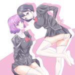  &gt;:) 2girls 90s agent_aika aika_(series) arms_behind_back artist_request ass black_delmo black_delmo_leader black_dress black_eyes black_hair blush breasts closed_mouth delmo dress eyebrows_visible_through_hair female highres large_breasts leaning leaning_forward lips long_sleeves looking_at_viewer looking_back matching_hair/eyes medium_breasts multiple_girls naughty_face neck panties pantyshot pantyshot_(standing) puffy_long_sleeves puffy_sleeves purple_eyes purple_hair shadow shiny short_dress short_hair sitting skin_tight smile standing standing_on_one_leg thighhighs underwear uniform white_legwear white_panties 