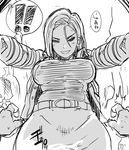  ! 1boy 1girl ahoge android_18 arms_up belt blush breasts butcha-u dragon_ball dragonball_z eroquis faceless faceless_male from_below hips large_breasts long_sleeves looking_at_viewer miniskirt monochrome pov short_hair skirt smile solo_focus translated vest wide_hips 