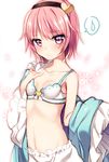  bare_shoulders bloomers blue_shirt bra breasts eyes_visible_through_hair hairband hand_on_own_chest komeiji_satori looking_at_viewer midriff morinaga_kobato navel open_clothes open_shirt pink_eyes pink_hair shirt short_hair small_breasts solo touhou underwear undressing wide_sleeves worried 