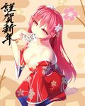  2015 blush breasts chinese_zodiac cleavage emily_stock hair_ornament highres japanese_clothes kimono large_breasts long_hair looking_at_viewer new_year one_side_up original red_eyes red_hair ririko_(zhuoyandesailaer) smile solo year_of_the_goat 