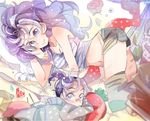  age_comparison bandaid blue_eyes bracelet dual_persona flower fork gem jacket jewelry long_hair midriff multicolored_hair multiple_girls navel purple_hair ran_to_haiiro_no_sekai shorts smile sunameri_oishii uruma_ran white_hair 