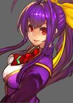  antenna_hair blazblue blazblue_remix_heart bow breasts genderswap genderswap_(mtf) grey_background hair_bow long_hair looking_at_viewer mai_natsume medium_breasts ponytail purple_hair red_eyes simple_background solo unizama yellow_bow 