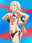  abs baariya ball bikini bikini_lift black_bikini blonde_hair blue_eyes highres original short_hair simple_background soccer_ball solo swimsuit toned tongue tongue_out world_cup 