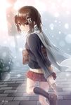  alternate_costume bag bangs brown_hair commentary_request eyebrows_visible_through_hair hair_between_eyes hair_ornament highres kantai_collection long_sleeves looking_at_viewer morigami_(morigami_no_yashiro) outdoors pleated_skirt remodel_(kantai_collection) scarf school_bag school_uniform sendai_(kantai_collection) skirt snow solo sweater two_side_up yellow_eyes 