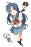  2girls black_legwear blue_hair braid brown_eyes brown_hair chidori_kaname full_metal_panic! gun jindai_high_school_uniform long_hair low-tied_long_hair monokuro_(snog) multiple_girls sagara_sousuke scar school_uniform silver_hair single_braid skirt teletha_testarossa very_long_hair weapon 