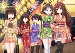  :d ^_^ akagi_(kantai_collection) alternate_costume black_hair brown_eyes brown_hair cat closed_eyes fireworks food_stand fubuki_(kantai_collection) hiei_(kantai_collection) highres japanese_clothes kaga_(kantai_collection) kantai_collection kazenokaze kimono kongou_(kantai_collection) long_hair multiple_girls nichijou open_mouth sakamoto_(nichijou) short_hair short_kimono side_ponytail smile thighhighs zettai_ryouiki 