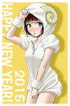  2015 blue_eyes blush breasts brown_hair cleavage horns ichikawa_masahiro medium_breasts new_year open_mouth original sheep_girl sheep_hood solo wool 