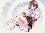  barefoot brown_eyes brown_hair hairband instrument koto_(instrument) legs long_sleeves musical_note open_mouth shirt short_hair skirt smile solo touhou tsukumo_yatsuhashi upskirt uranaishi_(miraura) 