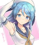  arm_up armpits bangs bare_shoulders beret blue_eyes blue_hair breasts collarbone eyebrows_visible_through_hair gloves gradient_hair hat hat_ribbon kanden_suki kantai_collection long_hair looking_at_viewer medium_breasts multicolored_hair neckerchief revision ribbon school_uniform serafuku shirt sleeveless sleeveless_shirt sleeves_rolled_up solo upper_body urakaze_(kantai_collection) white_gloves white_hat yellow_neckwear 