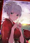  blue_eyes cloud hair_ornament hair_stick hareno_chiame japanese_clothes kimono kinchaku light_particles looking_at_viewer new_year obi ofuda omikuji original pouch sash sheep sheep_hair_ornament short_hair silver_hair sky solo torii updo upper_body 