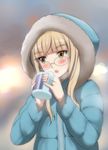  blonde_hair blush coat cup glasses hood hooded_jacket jacket kaneko_(novram58) long_hair looking_away perrine_h_clostermann solo strike_witches upper_body winter_clothes winter_coat world_witches_series yellow_eyes 