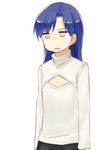  blue_hair breast_conscious cleavage_cutout empty_eyes flat_chest idolmaster idolmaster_(classic) kisaragi_chihaya meme_attire nagian open-chest_sweater solo sweater turtleneck 