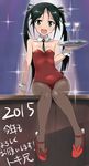  2015 :d alternate_costume aqua_eyes arm_support bare_shoulders black_hair blush breasts collarbone detached_collar francesca_lucchini hair_ribbon highres leotard long_hair looking_at_viewer new_year open_mouth pantyhose playboy_bunny_leotard red_leotard ribbon sitting small_breasts smile solo sparkle strike_witches tokiani tray twintails very_long_hair world_witches_series wrist_cuffs 