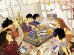  2girls 4boys baymax big_hero_6 black_hair board_game book bottle brothers brown_hair bubblegum cat dark_skin disney fred_(big_hero_6) glasses gogo_tamago gogo_tomago hat hiro_hamada honey_lemon honey_lemon_(big_hero_6) kotatsu mahjong marvel multiple_boys multiple_girls orange robot siblings table tadashi_hamada wasabi-no-ginger wasabi_(big_hero_6) 