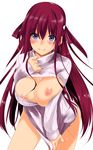  blue_eyes blush breast_squeeze breasts breasts_outside clothes_tug cowboy_shot fukuyama_naoto grisaia_(series) grisaia_no_kajitsu highres large_breasts long_hair meme_attire nipples open-chest_sweater red_hair simple_background smile solo suou_amane sweater sweater_tug turtleneck very_long_hair white_background 