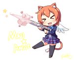  angel_wings animal_ears brown_hair cat_ears cat_tail chibi closed_eyes highres hoshizora_rin langbazi love_live! love_live!_school_idol_project short_hair solo tail thighhighs weapon wings 