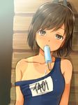  bare_shoulders brown_eyes brown_hair character_name collarbone food i-401_(kantai_collection) kanden_suki kantai_collection looking_at_viewer mouth_hold one-piece_swimsuit one-piece_tan ponytail popsicle school_swimsuit short_hair short_ponytail solo strap_slip swimsuit tan tanline upper_body 