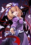  blonde_hair bow bug butterfly dress eyes gap hair_over_one_eye hat insect janne_cherry maribel_hearn open_mouth outstretched_arm purple_eyes ribbon short_hair smile solo touhou 