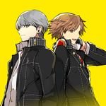  back-to-back brown_hair grey_hair hanamura_yousuke headphones houndstooth male_focus mami_(apsaras) multiple_boys narukami_yuu open_mouth persona persona_4 simple_background unmoving_pattern upper_body yellow_background 