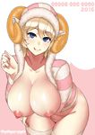  2015 :p areolae artist_name blonde_hair blue_eyes blush breast_hold breasts highres hood hoodie horns huge_breasts looking_at_viewer new_year nipples original pointy_ears sheep_horns short_hair smile solo striped striped_legwear thighhighs tongue tongue_out zonda_(solid_air) 