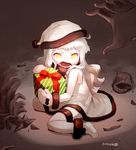  boots box christmas dated gift gift_box hands hat kantai_collection mittens nagian northern_ocean_hime object_hug orange_eyes santa_boots santa_costume santa_hat shinkaisei-kan tears white_hair white_santa_costume 