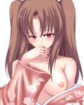  artist_request biting blood blush breast_slip breasts brown_hair finger_biting japanese_clothes kimono medium_breasts nipples one_breast_out red_eyes solo tsukihime twintails yumizuka_satsuki 