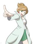  1girl araragi_(pokemon) brown_hair coat earrings female green_eyes jewelry labcoat nintendo open_mouth pointing pokemon pokemon_(game) pokemon_bw scientist skirt smile 