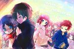  3boys 4girls black_hair blue_eyes blue_hair breath brown_eyes dutch_angle hand_in_pocket happy_new_year hiradaira_chisaki hisanuma_sayu holding_hands hood hoodie isaki_kaname kihara_tsumugu kurohino long_hair mukaido_manaka multiple_boys multiple_girls nagi_no_asukara new_year sakishima_hikari scarf shiodome_miuna short_hair 