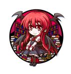  ascot bat_wings book book_stack bookshelf head_wings kiki_fushigi koakuma library long_hair red_eyes red_hair smile solo touhou wings 