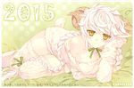  2015 akeome alternate_costume animal_ears artist_name asymmetrical_hair bed bed_sheet braid breasts carnelian collarbone elbow_rest goat_costume goat_ears goat_horns happy_new_year kantai_collection kemonomimi_mode kotoyoro large_breasts light_smile long_hair looking_at_viewer lying new_year off_shoulder on_side silver_hair single_braid solo thighhighs unryuu_(kantai_collection) very_long_hair wavy_hair white_legwear yellow_eyes zettai_ryouiki 