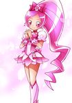  bad_id bad_pixiv_id boots bow choker cure_blossom flower hair_ornament hair_ribbon hanasaki_tsubomi heart heartcatch_precure! highres knee_boots long_hair magical_girl official_style petals pink_bow pink_choker pink_eyes pink_hair ponytail precure ribbon sharumon simple_background skirt smile solo wrist_cuffs 