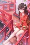  bangs bare_legs barefoot brown_hair cherry_blossoms feet hair_between_eyes hair_ornament highres japanese_clothes kimono long_hair long_sleeves looking_at_viewer nicoby obi original outdoors petals sash shrine sitting smile solo toes v_arms 