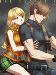  1girl ashley_graham blonde_hair blush breasts brown_hair hair_over_eyes lactmangan leon_s_kennedy medium_breasts orange_shirt resident_evil resident_evil_4 shirt sweatdrop sweater yellow_eyes 