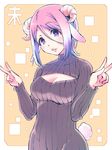  animal_ears blue_eyes breasts cleavage cleavage_cutout double_v horns lavender_hair looking_at_viewer medium_breasts meme_attire open-chest_sweater original ribbed_sweater sakayama_shinta sheep_ears sheep_horns sheep_tail short_hair solo sweater tail v 