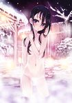  bare_tree black_hair censored convenient_censoring flat_chest hair_over_breasts hand_on_own_neck highres long_hair matsuryuu navel nipples nude onsen original outdoors parted_lips purple_eyes snow snowing solo steam steam_censor tree wading water wet 