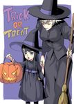  black_hair blue_eyes broom cosom eyebrows halloween_costume hat holding_hands jack-o'-lantern kill_la_kill kiryuuin_ragyou kiryuuin_satsuki mother_and_daughter multiple_girls thick_eyebrows trick_or_treat witch witch_hat younger 