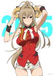  2015 alternate_bottom_wear amagi_brilliant_park antenna_hair armpits blush breasts brown_hair cowboy_shot hair_intakes horns large_breasts long_hair looking_at_viewer ponytail sento_isuzu sheep_horns short_shorts shorts sleeveless solo suna very_long_hair wrist_cuffs yellow_eyes 