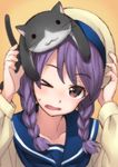  &gt;_o animal animal_on_head blush braid brown_eyes cat cat_on_head error_musume girl_beaten_by_a_cat_(kantai_collection) hair_over_shoulder hat highres humanization kantai_collection long_hair matsuryuu on_head one_eye_closed open_mouth purple_hair school_uniform serafuku solo twin_braids wavy_mouth 