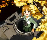  :d blurry blush breasts cross depth_of_field dutch_angle from_above girls_und_panzer green_skirt ground_vehicle hatch long_sleeves looking_at_viewer looking_up military military_vehicle motor_vehicle neckerchief nishizumi_miho ooarai_school_uniform open_mouth orange_eyes orange_hair panzerkampfwagen_iv pleated_skirt school_uniform serafuku shade shiratama_(hockey) short_hair skirt small_breasts smile solo tank tree 