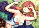  armpits atelier_(series) atelier_escha_&amp;_logy bare_shoulders book breasts choker clothes_removed collarbone escha_malier grass green_eyes highres lying medium_breasts pink_hair reimaco short_hair smile solo twintails wand 