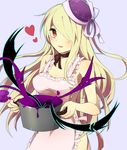  apron bare_shoulders blonde_hair blush breasts choker cleavage darkness frilled_apron frills hair_over_one_eye hat hat_ribbon heart highres holding long_hair medium_breasts naked_apron niyasuke_(yama) open_mouth outline pandora_(p&amp;d) pot purple_background puzzle_&amp;_dragons red_eyes ribbon sideboob simple_background smile solo very_long_hair 