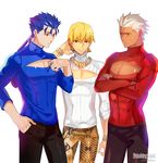  3boys archer blonde_hair blue_hair copyright_name earrings fate/stay_night fate_(series) gilgamesh jewelry lancer male_focus meme_attire multiple_boys necklace open-chest_sweater red_eyes snakeskin_print sweatdrop sweater weed_(astarone) white_hair 