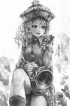  :d bad_id bad_pixiv_id boots dress feet_out_of_frame frilled_dress frills greyscale hat hat_ornament holding instrument knee_up leg_up long_sleeves looking_away merlin_prismriver monochrome nagayo open_mouth pose revision sitting smile solo touhou trumpet vest wavy_hair 