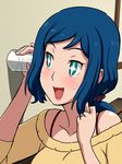  1girl :d blue_hair close-up collarbone eavesdropping face fig_sign glass green_eyes gundam gundam_build_fighters halterneck highres iori_rinko jewelry long_hair open_mouth ponytail ring smile solo sparkling_eyes sweater symbol-shaped_pupils wedding_band yuki_(12cut) 